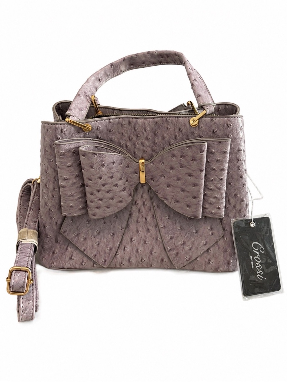 NWT Crossi New York Bow Satchel Purse Ostrich Embossed Crossbody Taupe